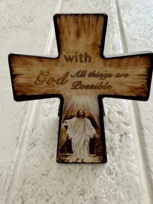 Ceramic mini cross with god all things are possible