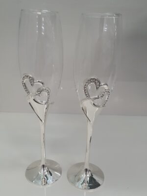 Diamante double heart champagne flutes